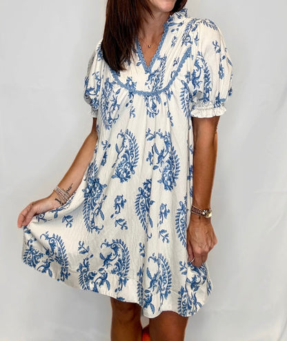 UMGEE Paisley Scallop Trim Dress Blue Mix