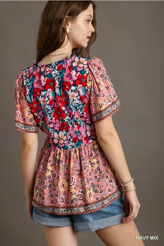 UMGEE Navy Mix Printed Smocked Shoulder Top