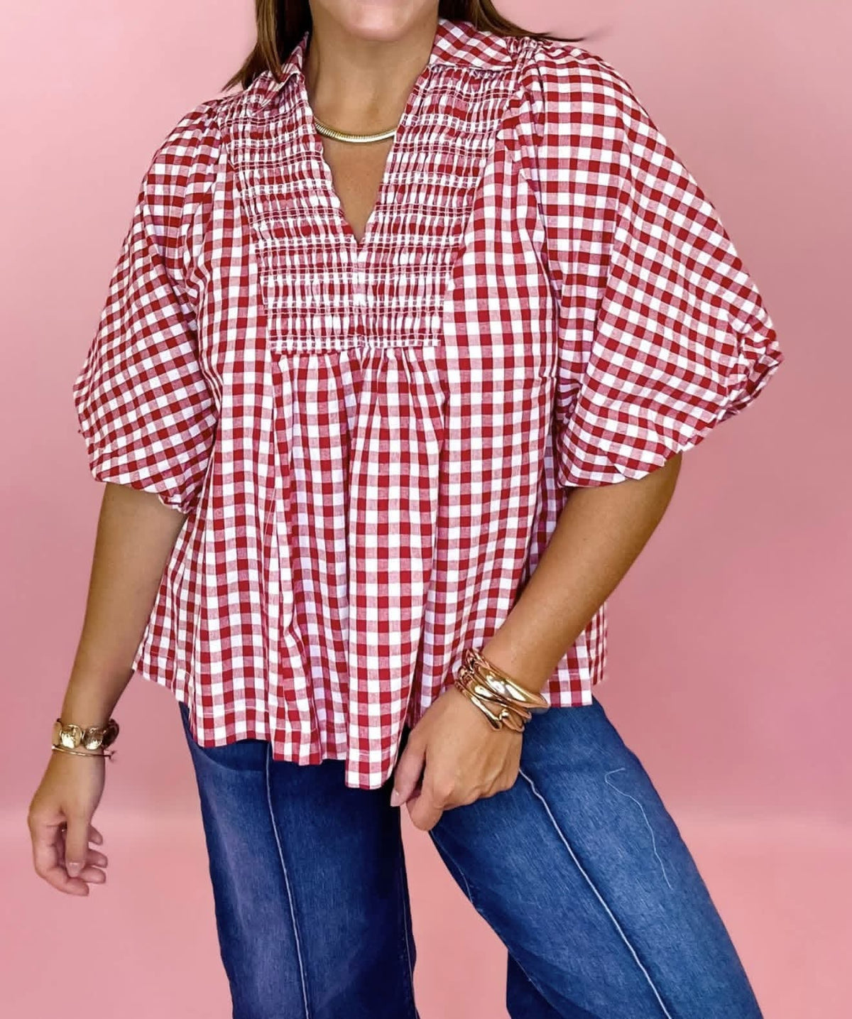 UMGEE Red Gingham Checkered Top