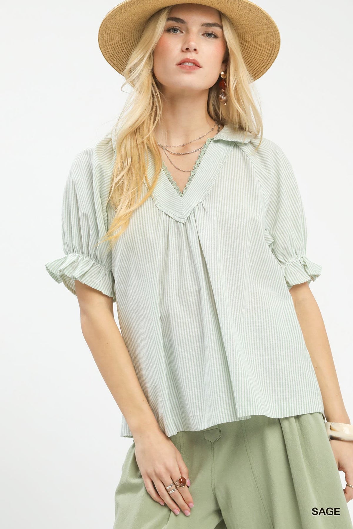 UMGEE Pinstripe Ruffle Sleeve Top Sage