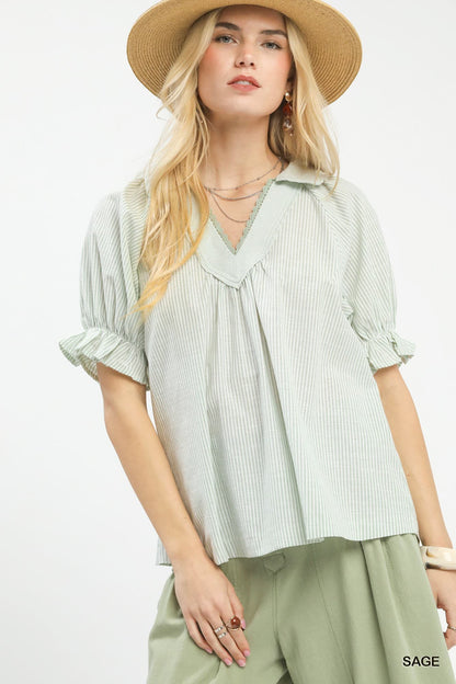 UMGEE Pinstripe Ruffle Sleeve Top Sage