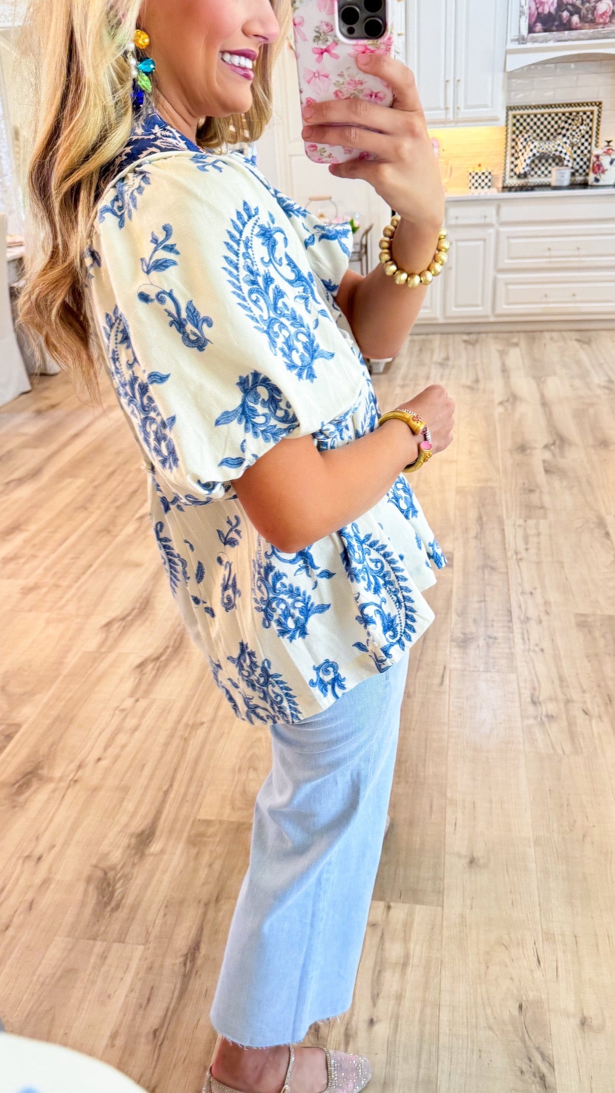 UMGEE Blue Print Boho Puff Sleeve Top