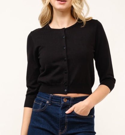 Solid Crew Neck Button Cardigan Black