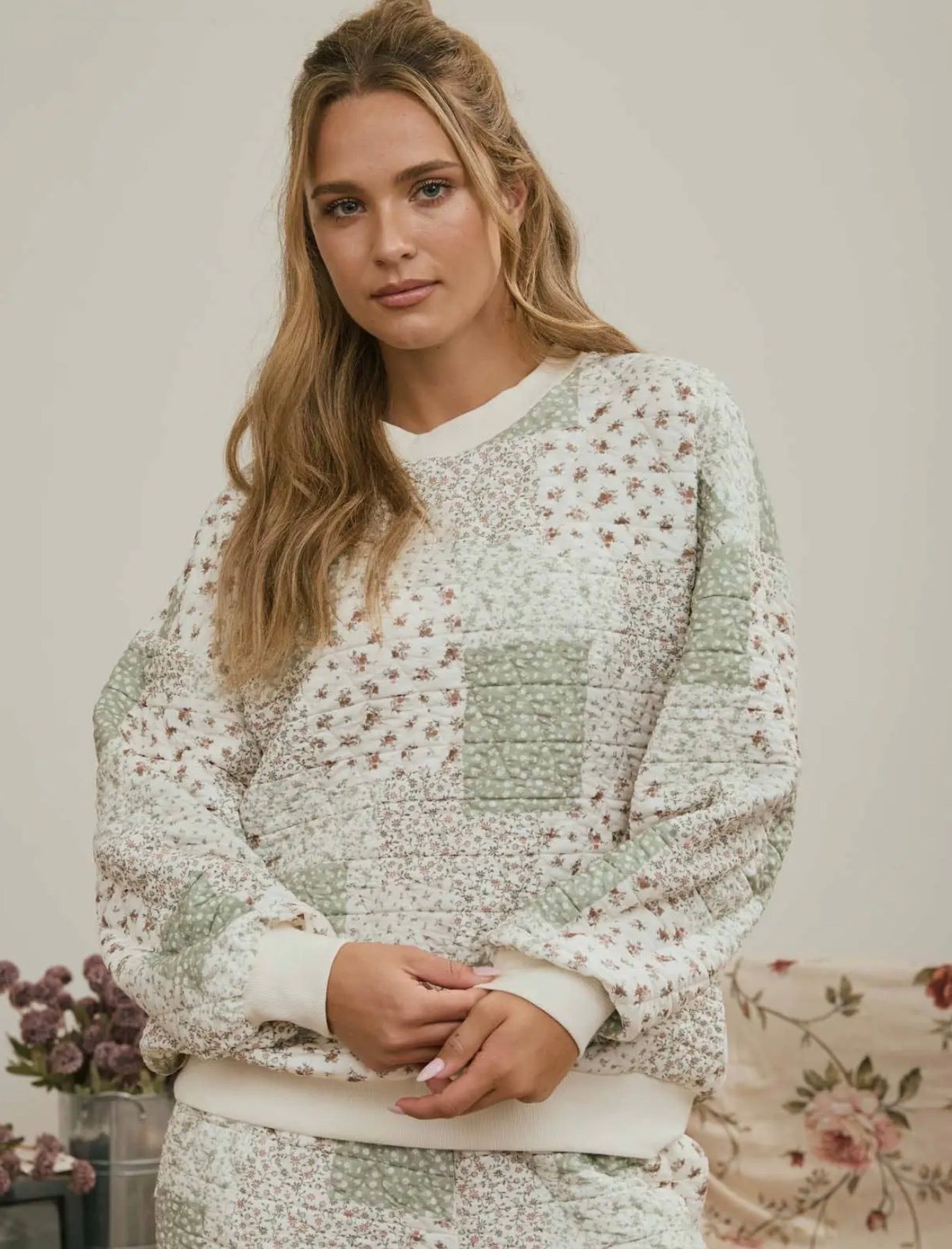 Multi Floral Patchwork Top Sage Mix
