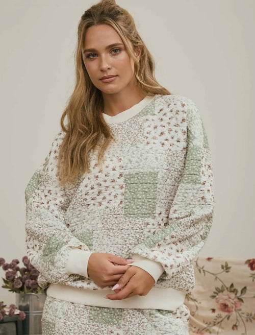 Multi Floral Patchwork Top Sage Mix