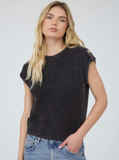 Mineral Washed Button Sweater Top Black