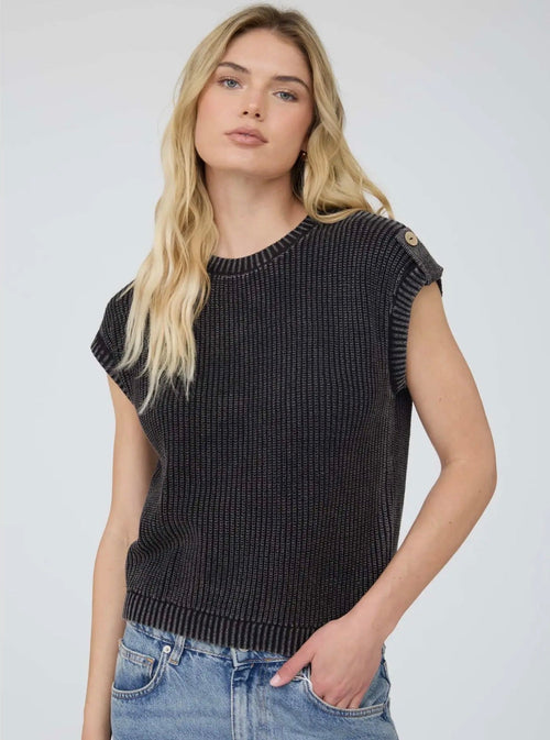 Mineral Washed Button Sweater Top Black
