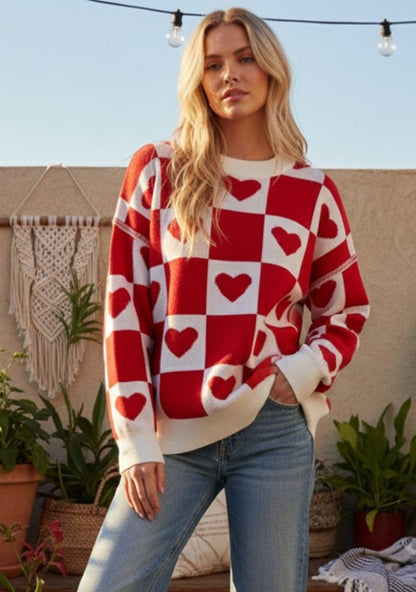 Checkered Heart Knit Sweater