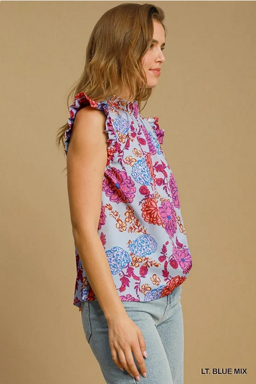 UMGEE Floral Print Ruffle Neck Top