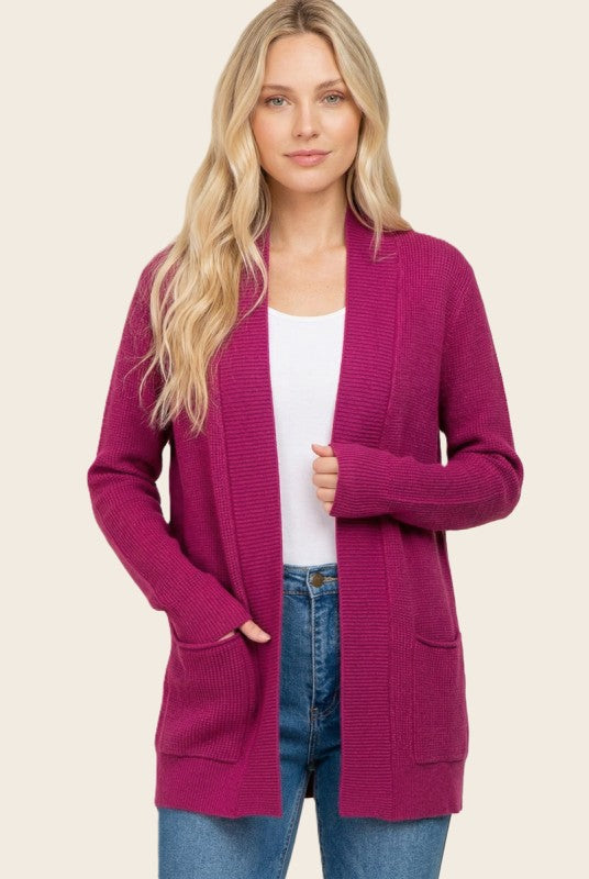 Waffle Texture Solid Cardigan Plum