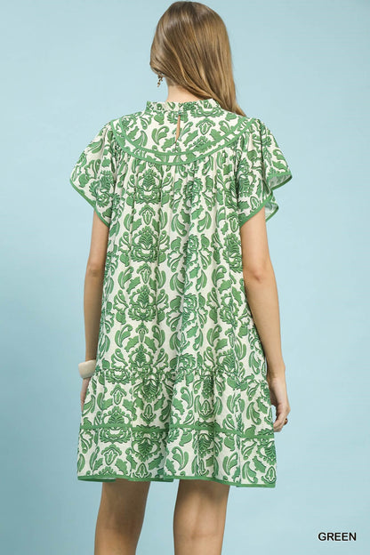 UMGEE Green Abstract Print Ruffle Dress