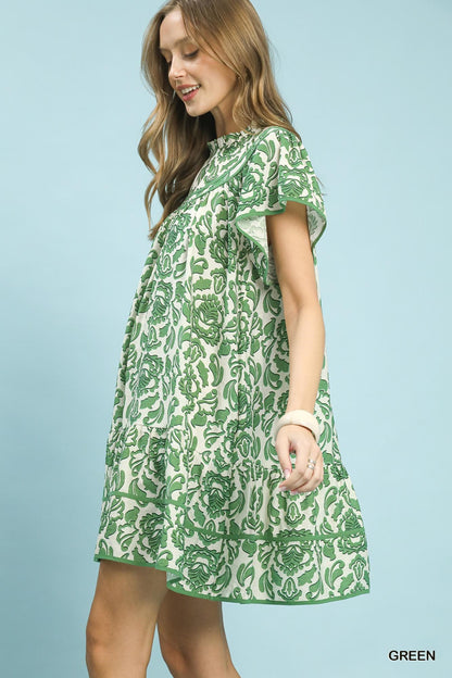 UMGEE Green Abstract Print Ruffle Dress