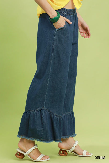 UMGEE Dark Denim Ruffle Wide Leg Pant