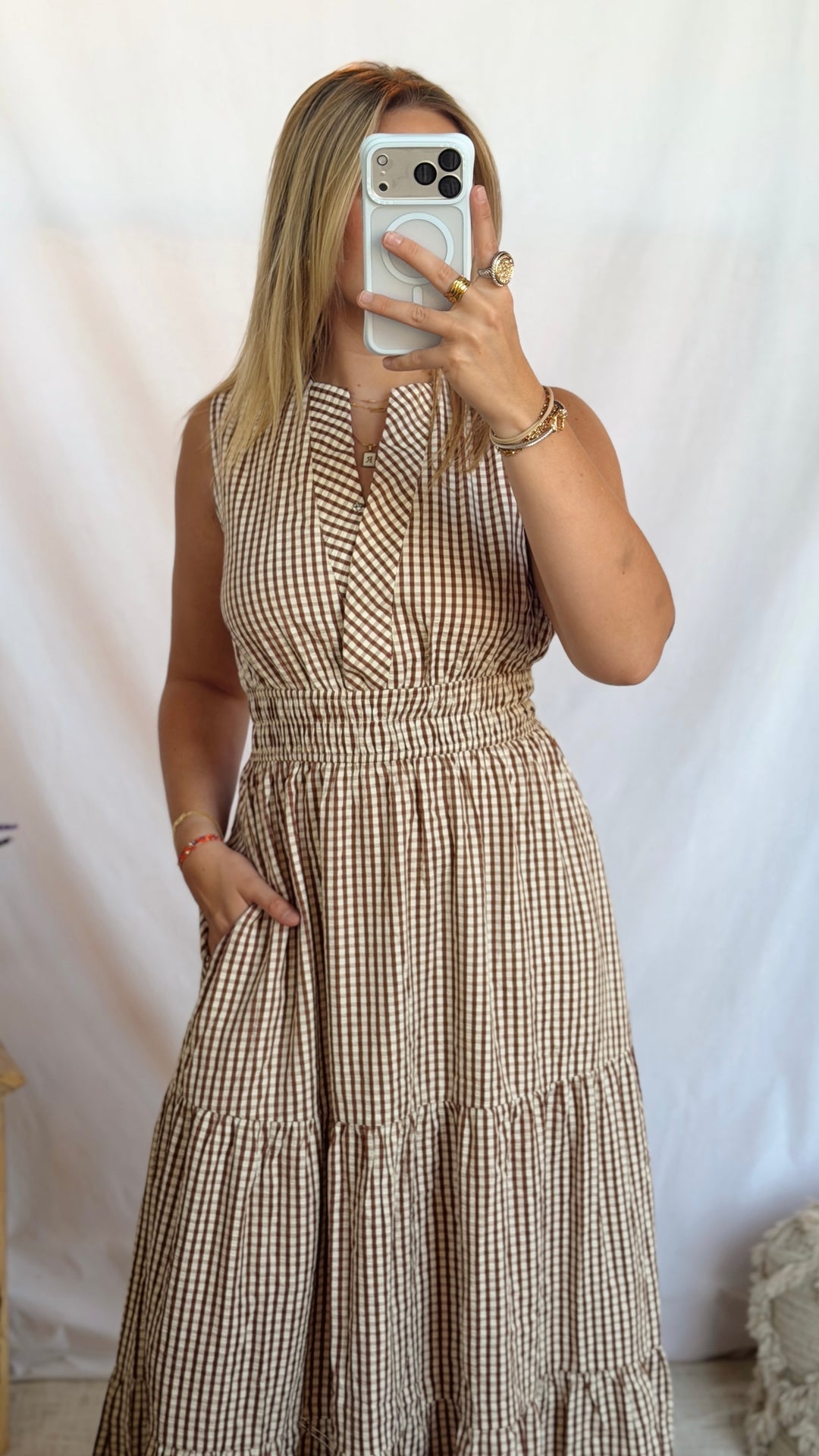 Mocha Gingham Checkered Maxi Dress