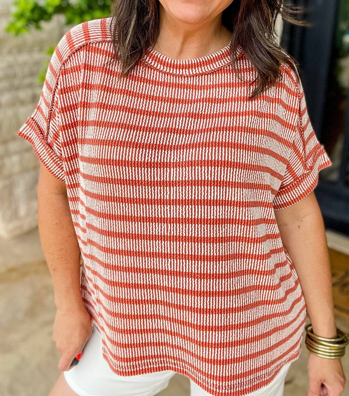 Stripe Two Tone Textured Top Sunset