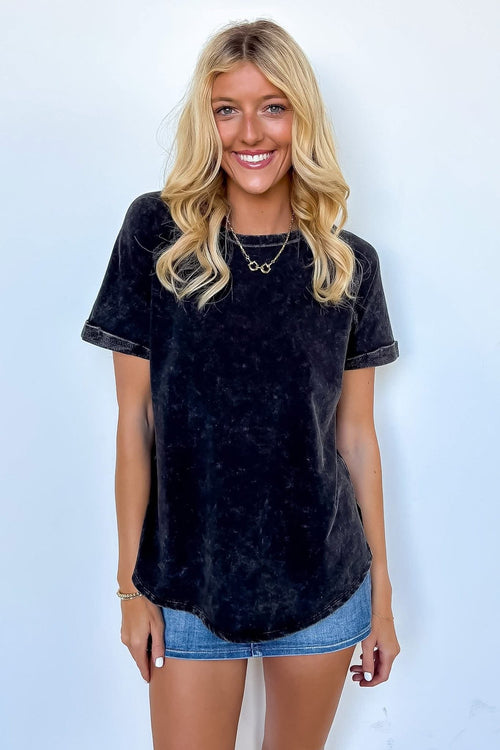 Curved Hem Acid Wash Tee Black