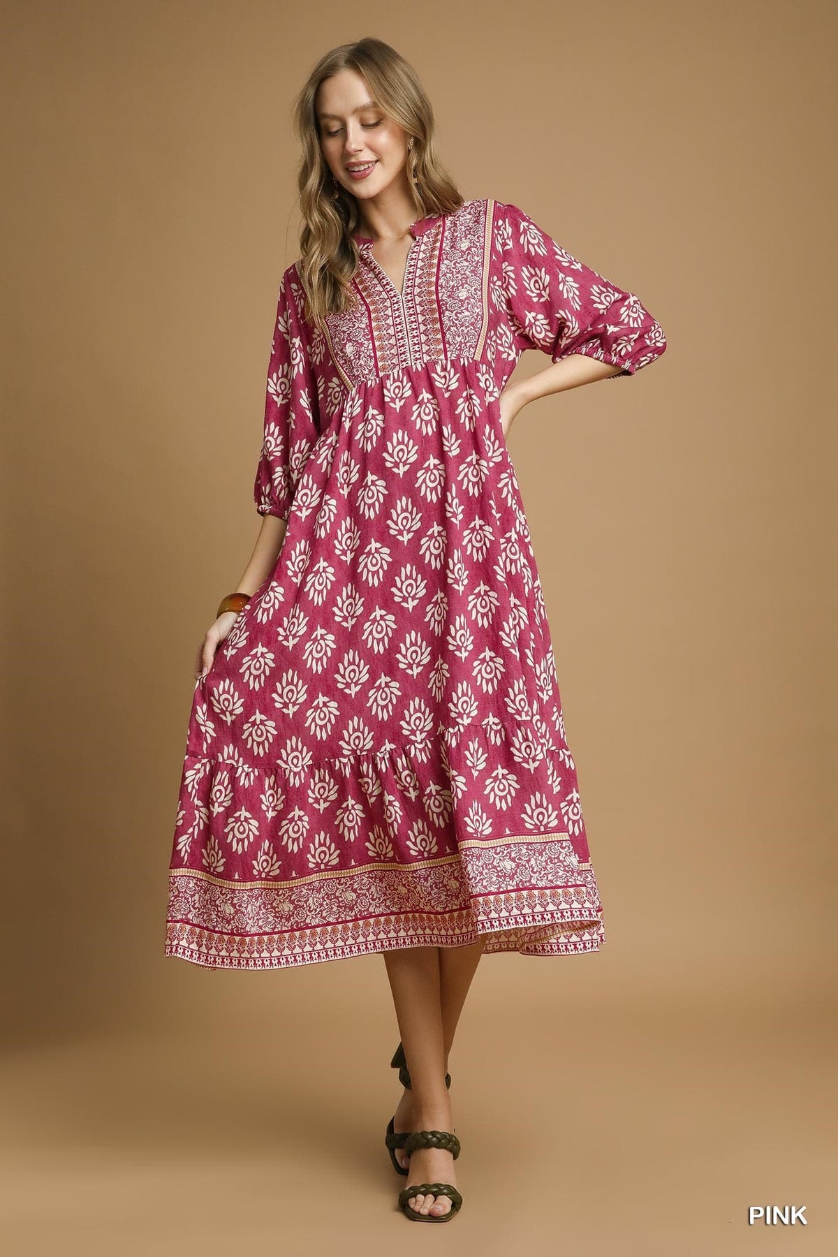 UMGEE Border Print Midi Dress Pink Mix