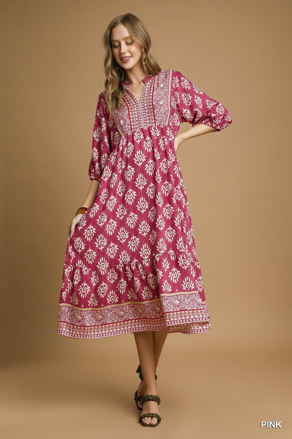 UMGEE Border Print Midi Dress Pink Mix