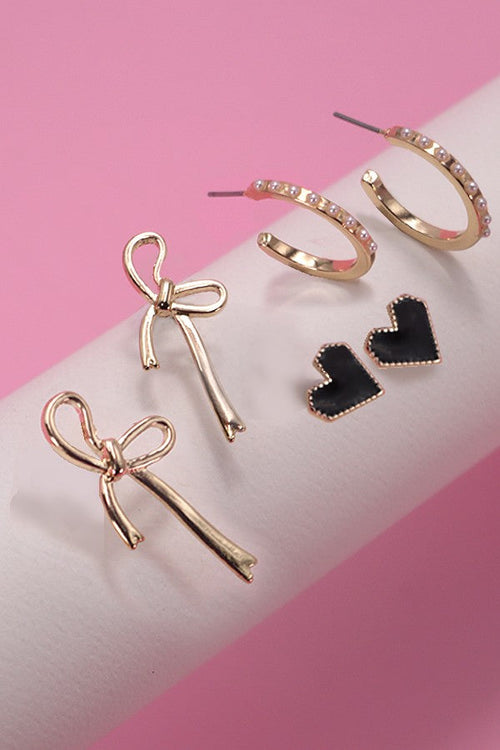 Bow Hoop Heart Trio Gold Earring Set
