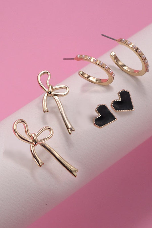 Bow Hoop Heart Trio Gold Earring Set
