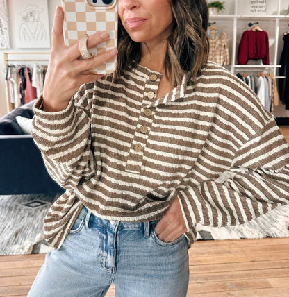 Textured Stripe Henley Top Taupe