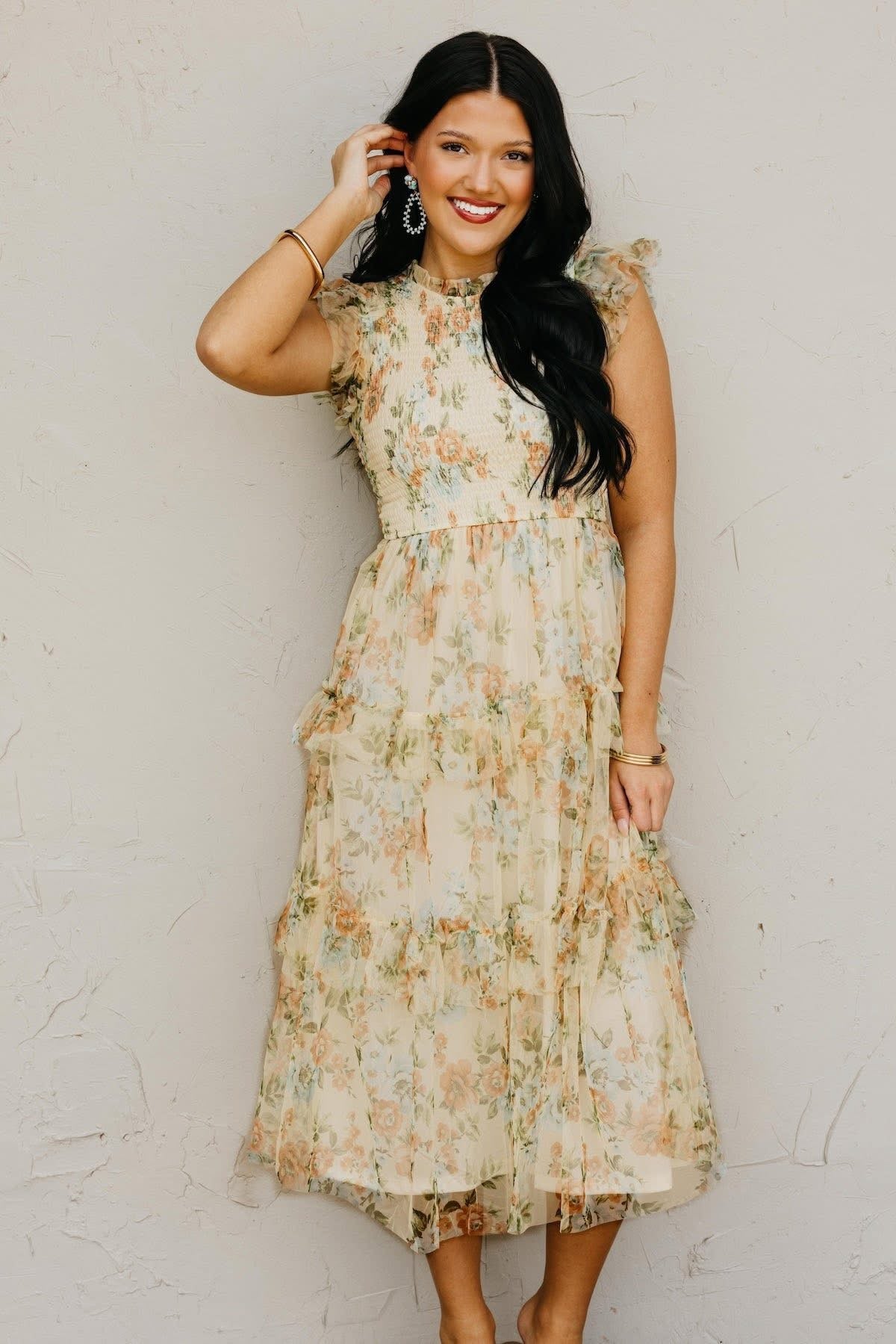 Pale Yellow Floral Ruffle Chiffon Dress
