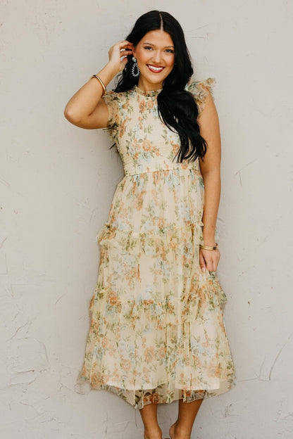 Pale Yellow Floral Ruffle Chiffon Dress