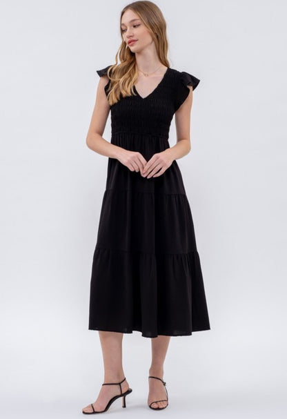 Solid Flutter Sleeve Midi Dress Black