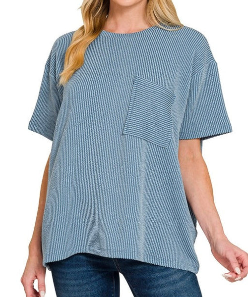 Corded Ribbed Knit Pocket Top Dusty Blue