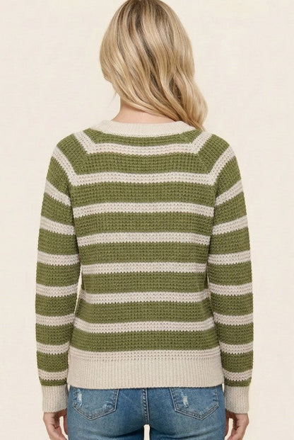 Waffle Knit Striped Sweater Matcha Latte