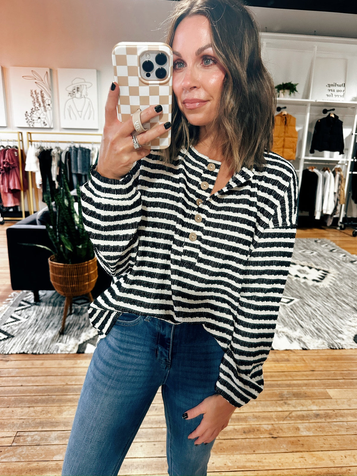 Textured Stripe Henley Top Black