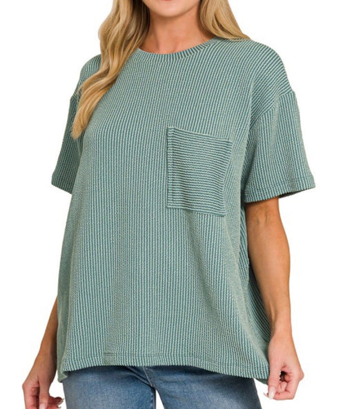 Corded Ribbed Knit Pocket Top Jade