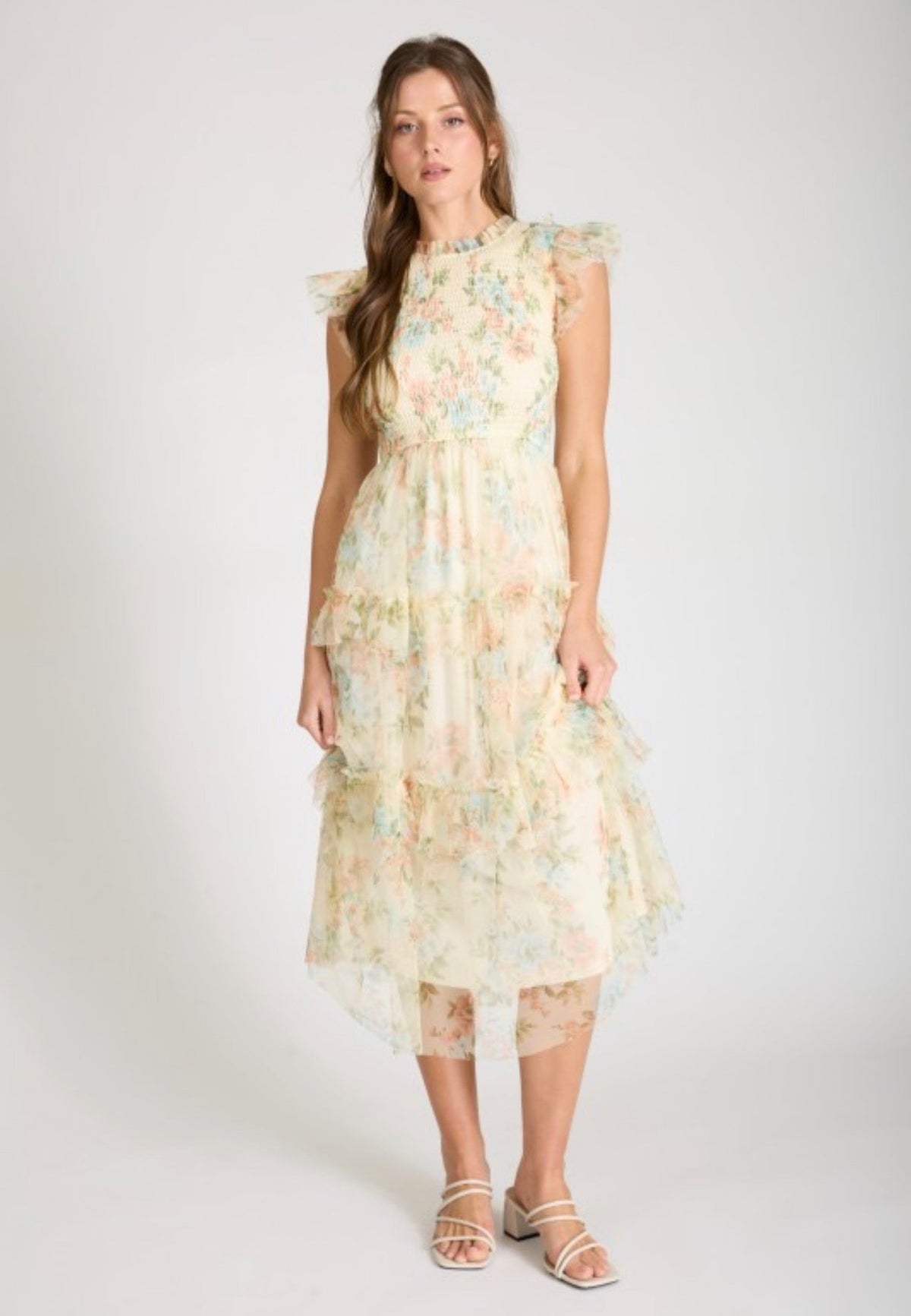 Pale Yellow Floral Ruffle Chiffon Dress