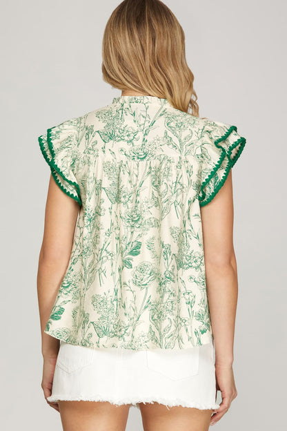 Ruffle Sleeve Floral Top Green Mix