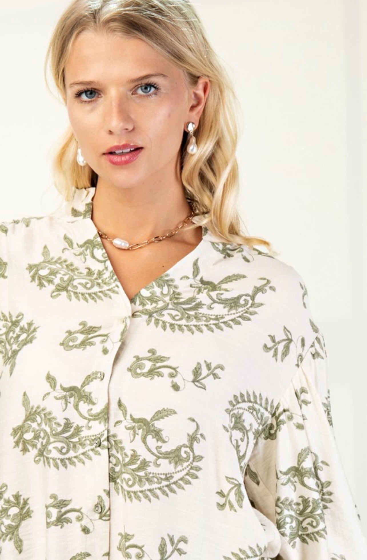 Sage Mix Button Down Top