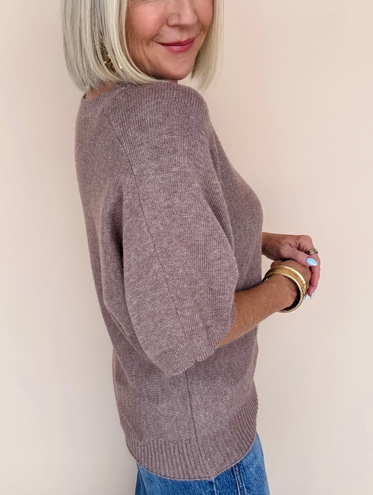 Elbow Sleeve Solid Sweater Light Mocha