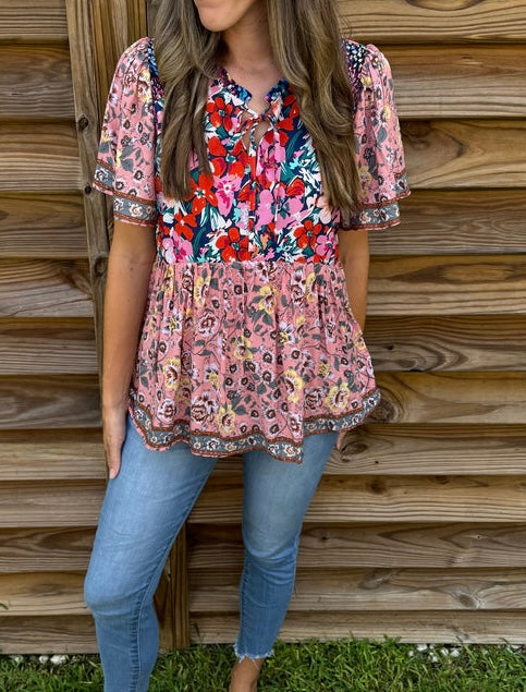 UMGEE Navy Mix Printed Smocked Shoulder Top