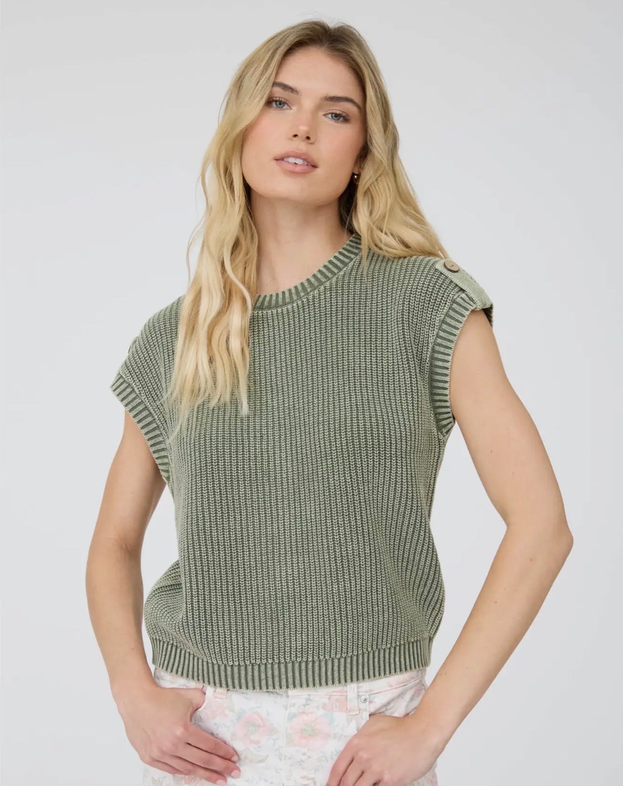 Mineral Washed Button Sweater Top Olive