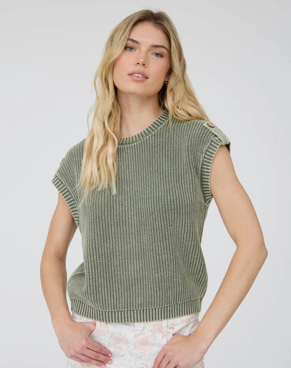 Mineral Washed Button Sweater Top Olive