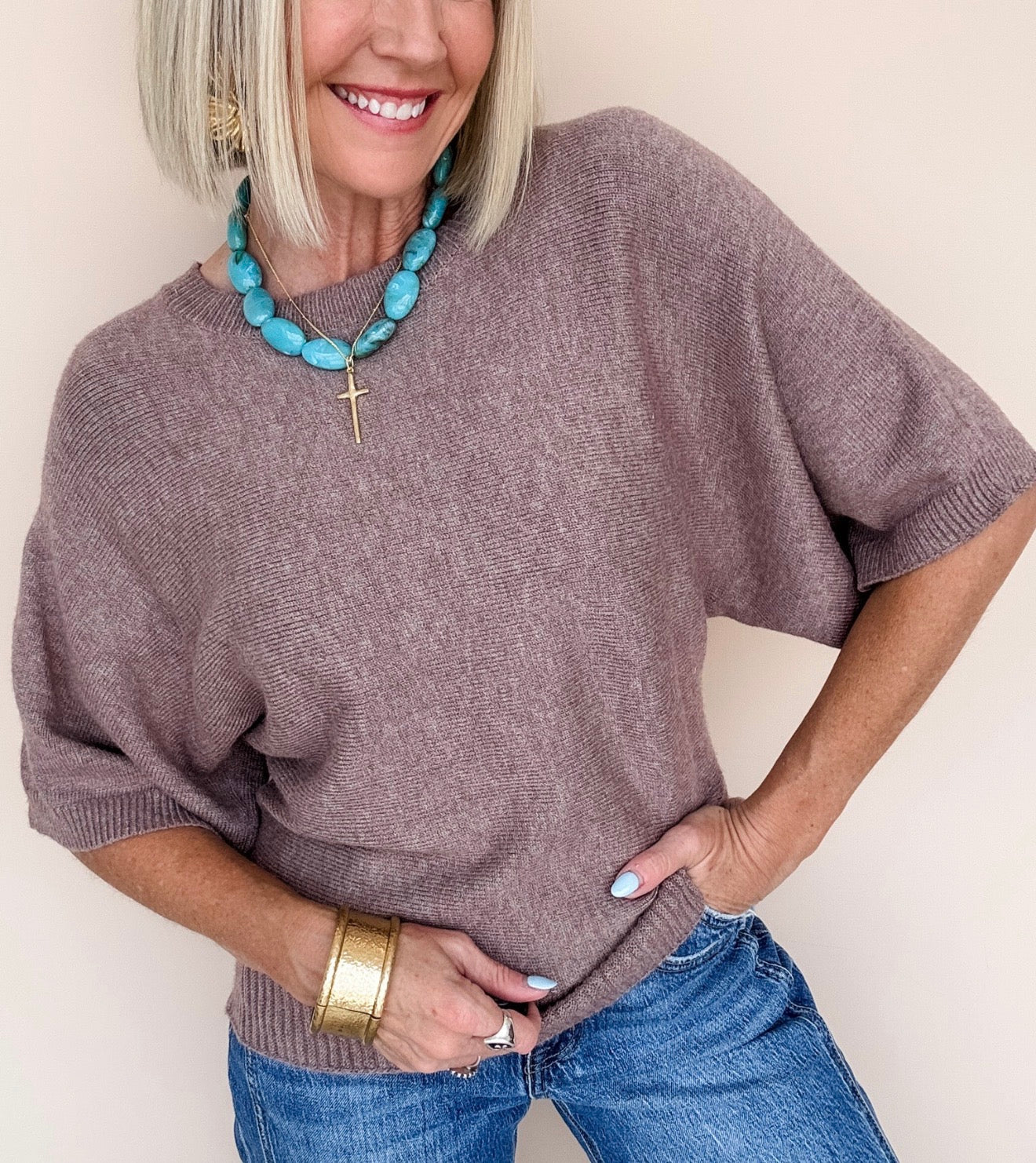 Elbow Sleeve Solid Sweater Light Mocha