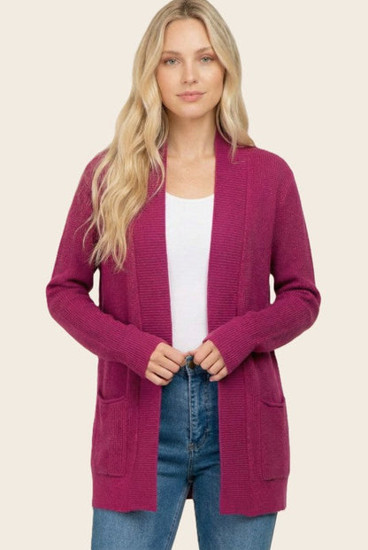 Waffle Texture Solid Cardigan Plum