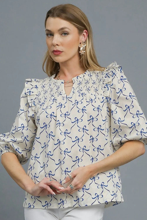 UMGEE Blue & Cream Quarter Sleeve Top