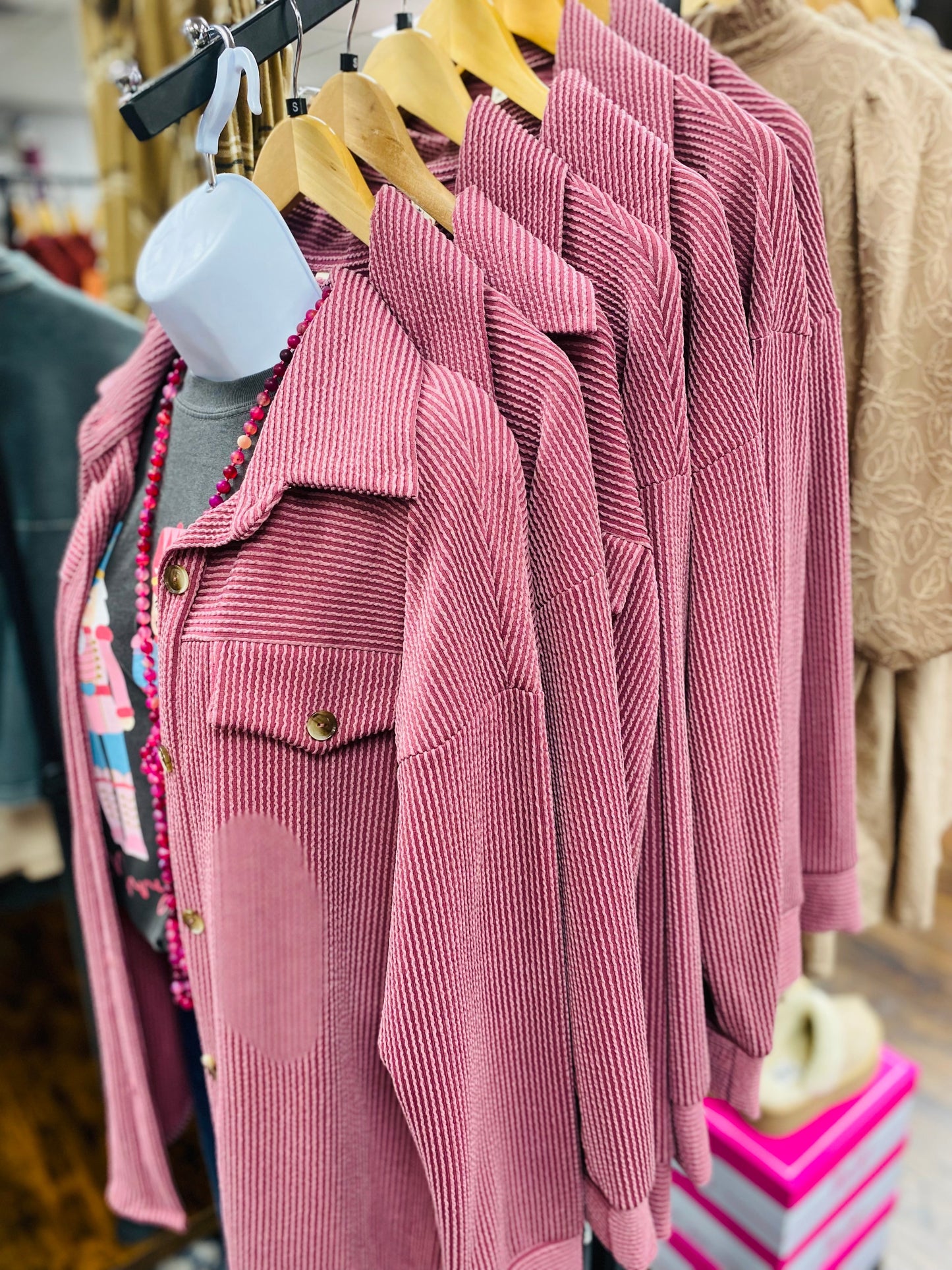 Textured Urban Ribbed Button Down Shacket Sangria