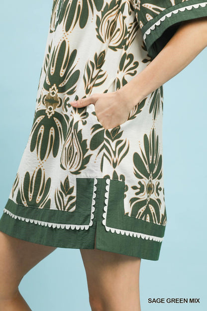 UMGEE Border Print Floral Dress Sage Mix