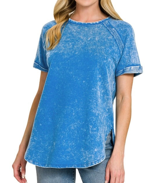 Curved Hem Acid Wash Tee Ocean Blue