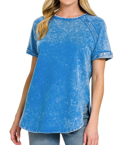 Curved Hem Acid Wash Tee Ocean Blue