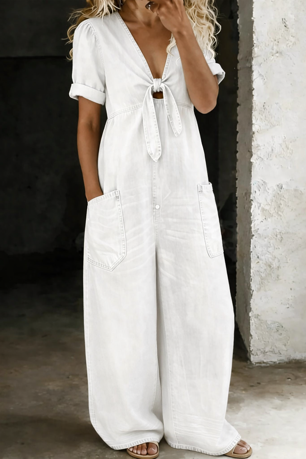 Faelina - Tie Front Denim Wide Leg Jumpsuit