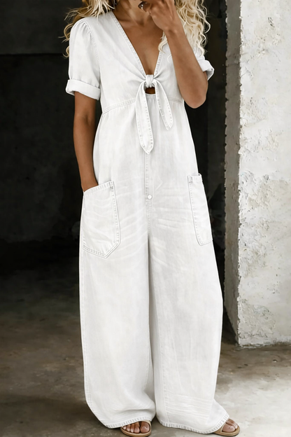 Faelina - Tie Front Denim Wide Leg Jumpsuit