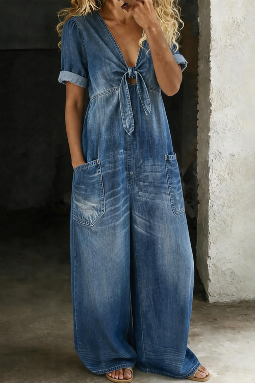 Faelina - Tie Front Denim Wide Leg Jumpsuit