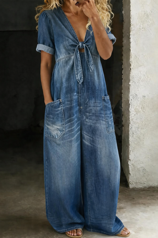 Faelina - Tie Front Denim Wide Leg Jumpsuit